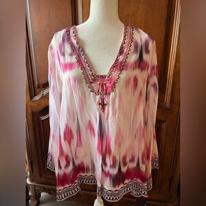 Hale Bob Pink and Purple Beaded Silk Tunic Top, NWT, L